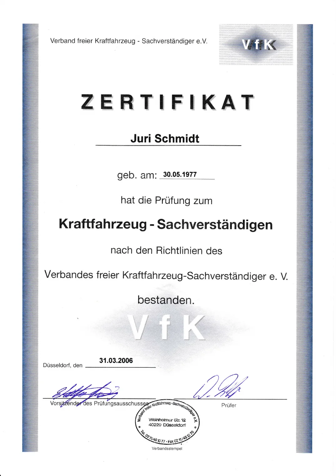 Vorschau des Zertifikats zum Kraftfahrzeug-Sachverständigen