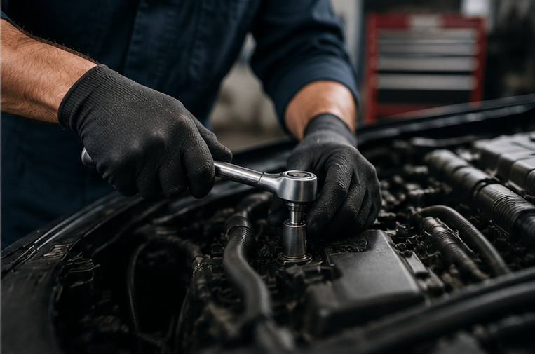 Fachgerechte Reparaturarbeit an einem Fahrzeugmotor
